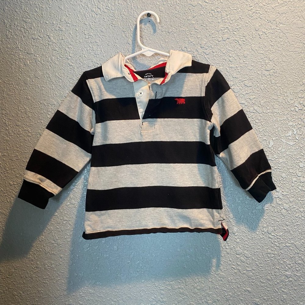 *2/$15* Carter's Toddler Boys 2T Long Sleeve Gray and Black Striped Polo Shirt